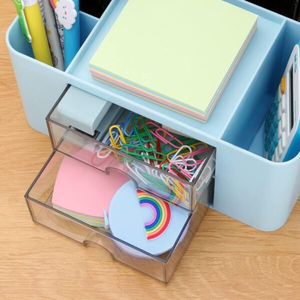 SHUTTLE ART Modern Desk Storage Organizer Box with 2 Drawers –Stackable Desk Organizer with Pen Holder and 5 Compartments – Perfect for Office, Home, School, Art Supplies, Crafts, and Stationery(Blue)